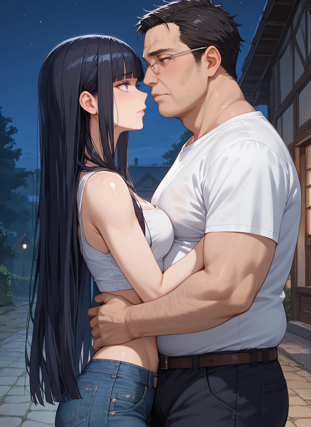 1girl, 1boy, long hair, black hair, breasts, pants · Yamete.gg