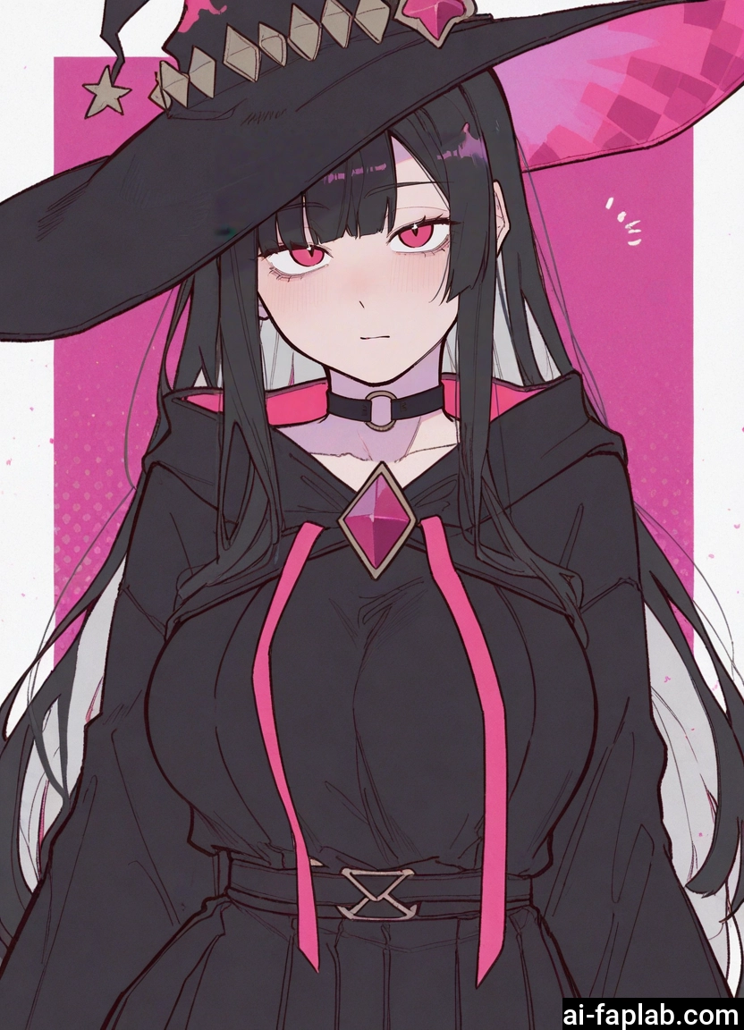 1girl, hat, witch hat, long hair, black hair, solo
