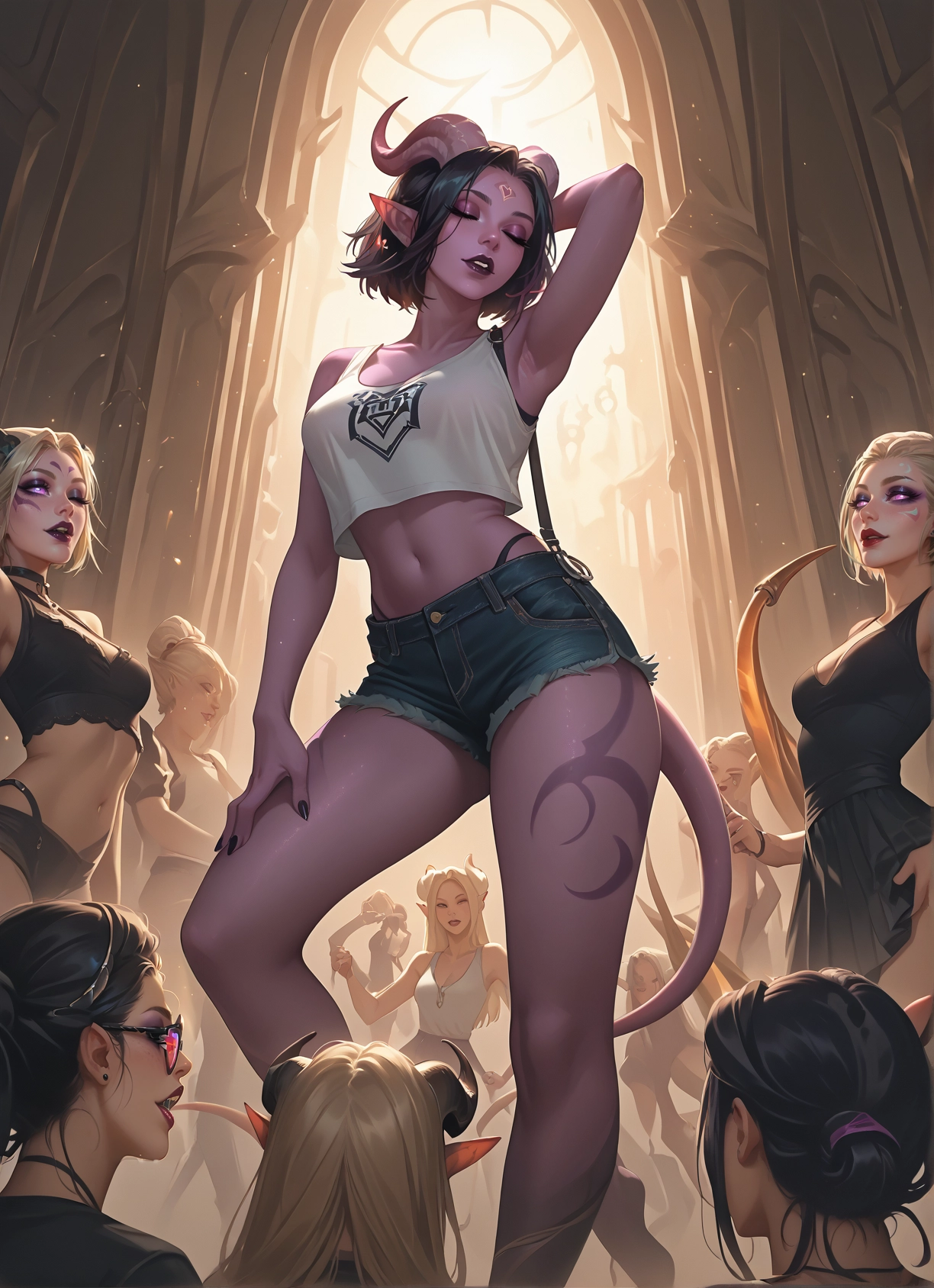 multiple girls, horns, tail, shorts, pointy ears, navel · Yamete.gg