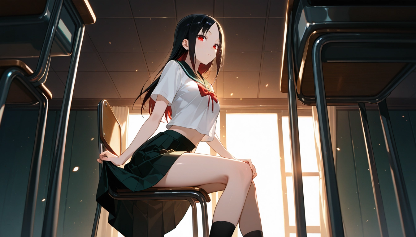 1girl, solo, skirt, black hair, red eyes, sitting · Yamete.gg