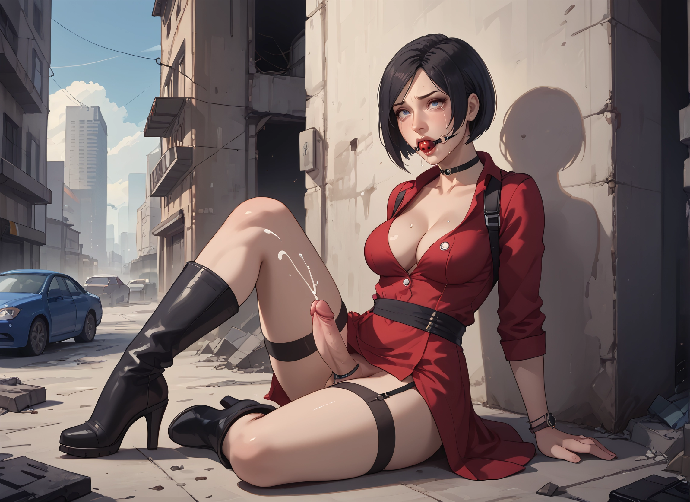 futanari, 1girl, penis, breasts, gag, cum · Yamete.gg