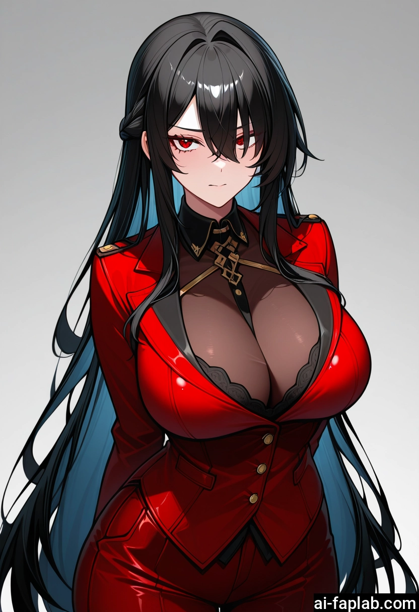 1girl, breasts, long hair, red eyes, black hair, large breasts · Yamete.gg