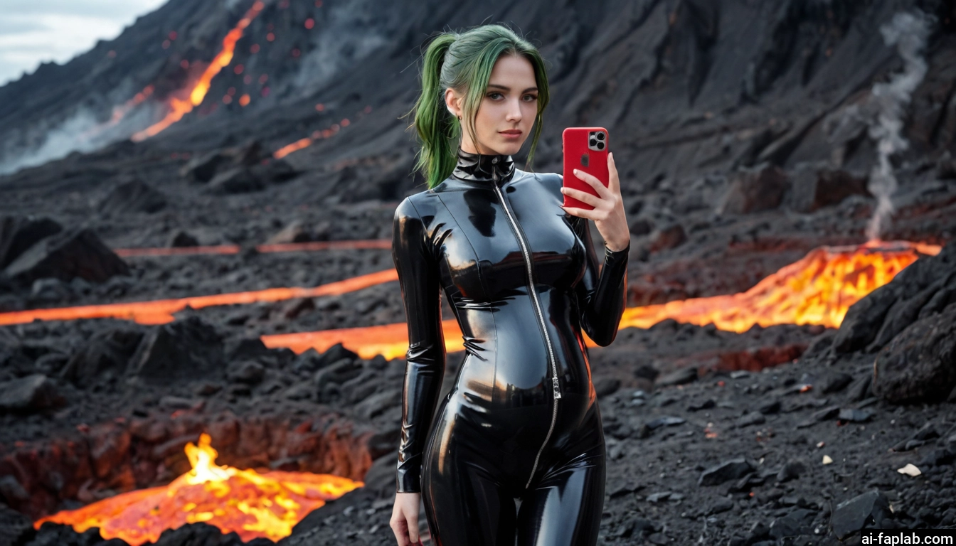 1girl, phone, bodysuit, solo, cellphone, green hair · Yamete.gg
