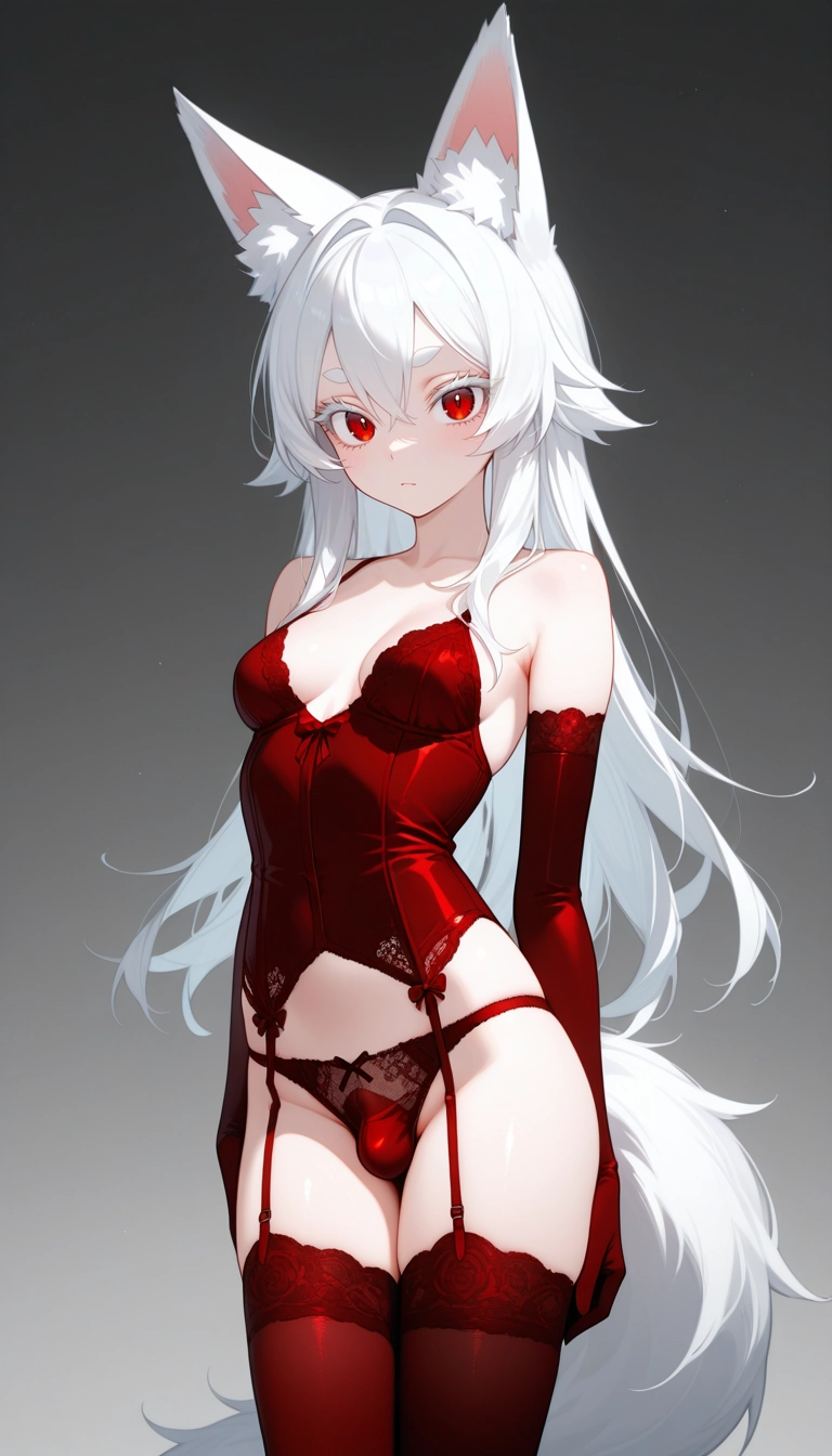red thighhighs, solo, underwear, gloves, thighhighs, panties · Yamete.gg