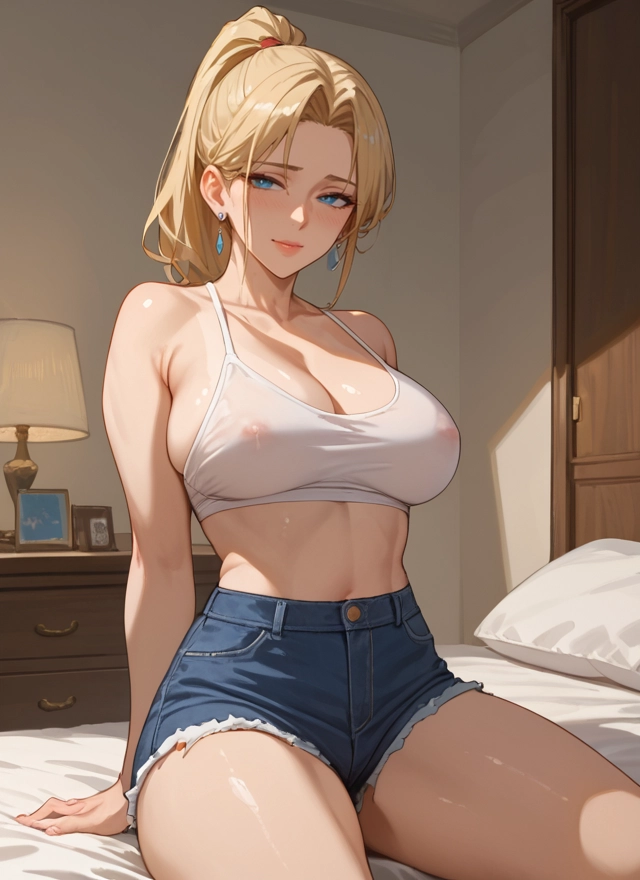 breasts, 1girl, blonde hair, shorts, blue eyes, jewelry · Yamete.gg