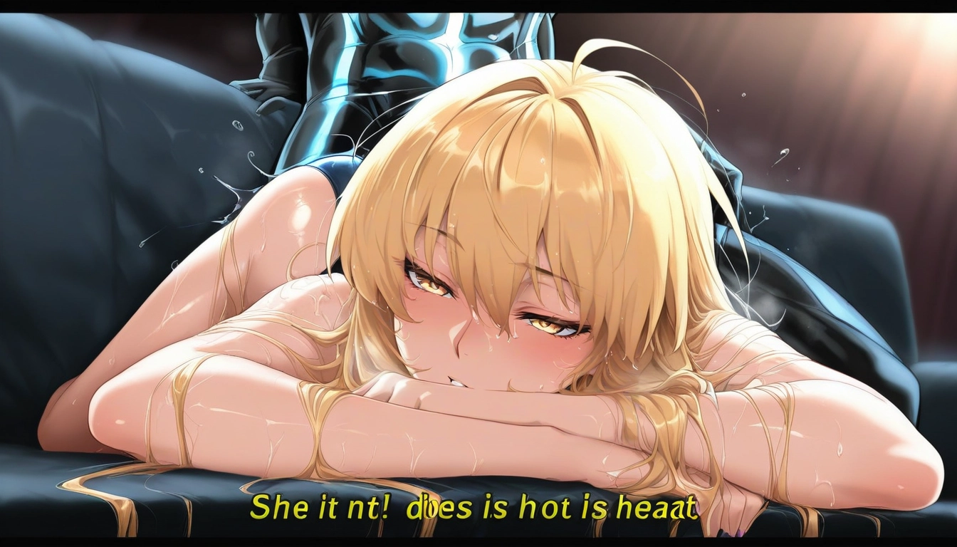 1girl, blonde hair, yellow eyes, long hair, 1boy, english text · Yamete.gg