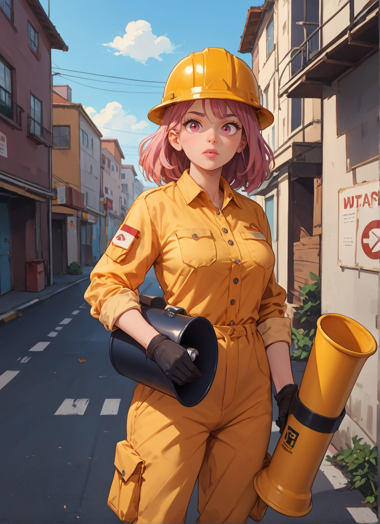 1girl, gloves, solo, pink hair, helmet, outdoors · Yamete.gg