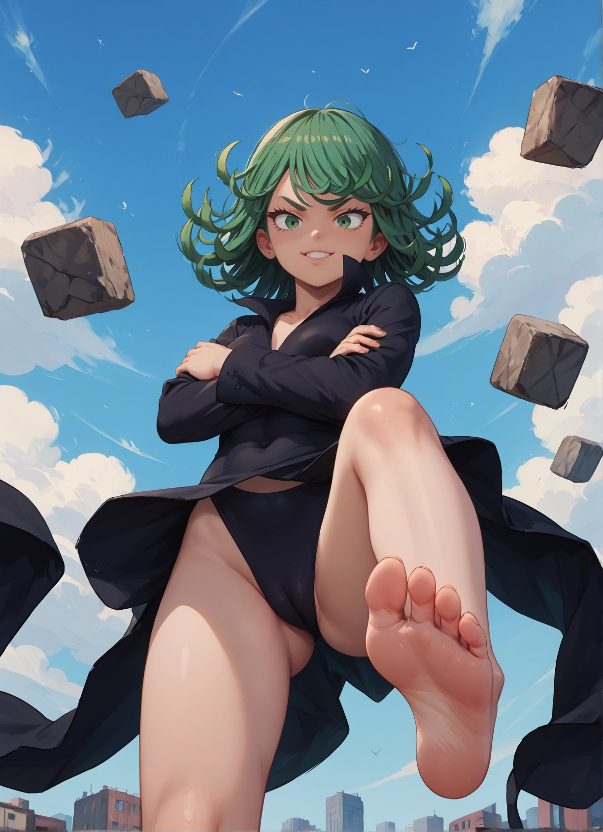 1girl, barefoot, feet, green eyes, green hair, dress · Yamete.gg