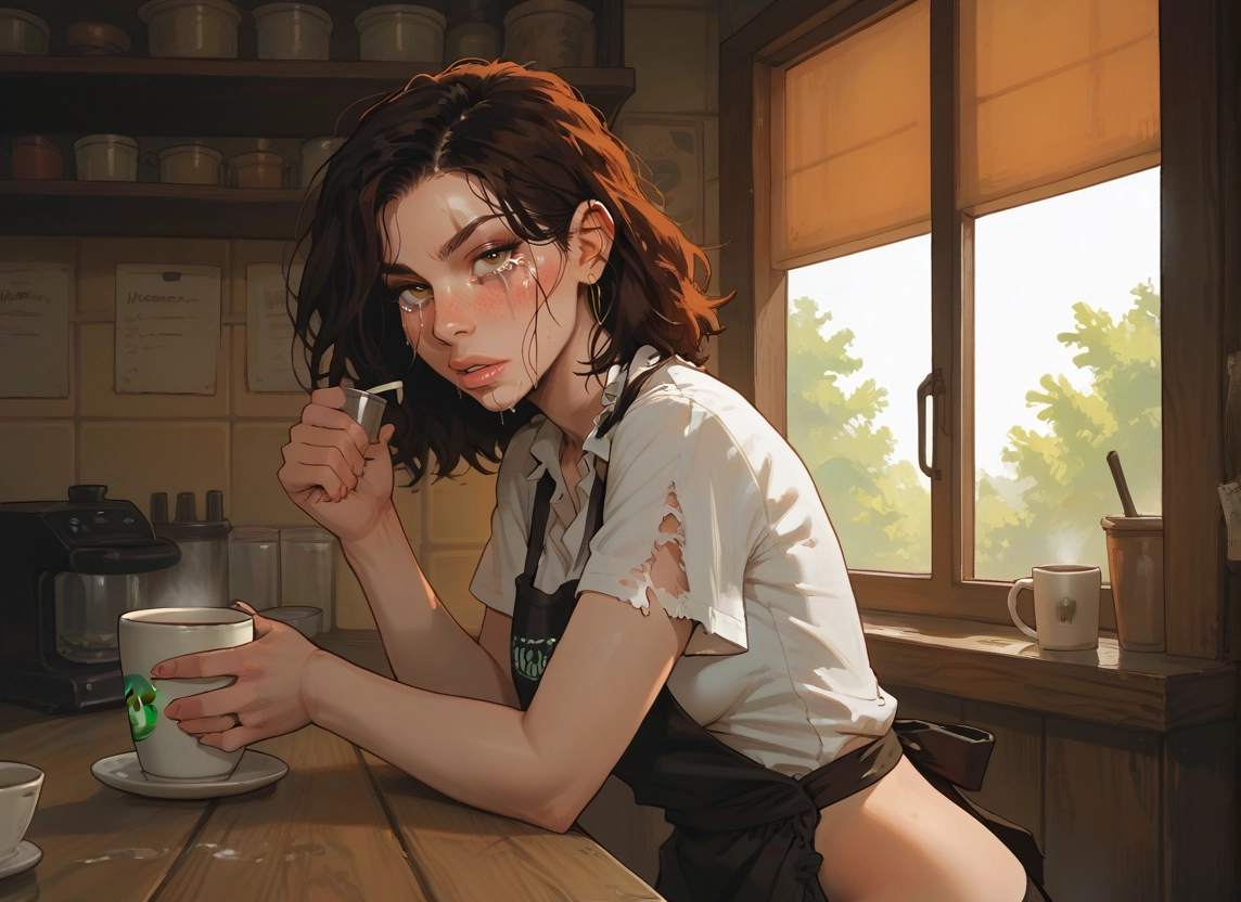 1girl, solo, jewelry, shirt, cup, looking at viewer · Yamete.gg
