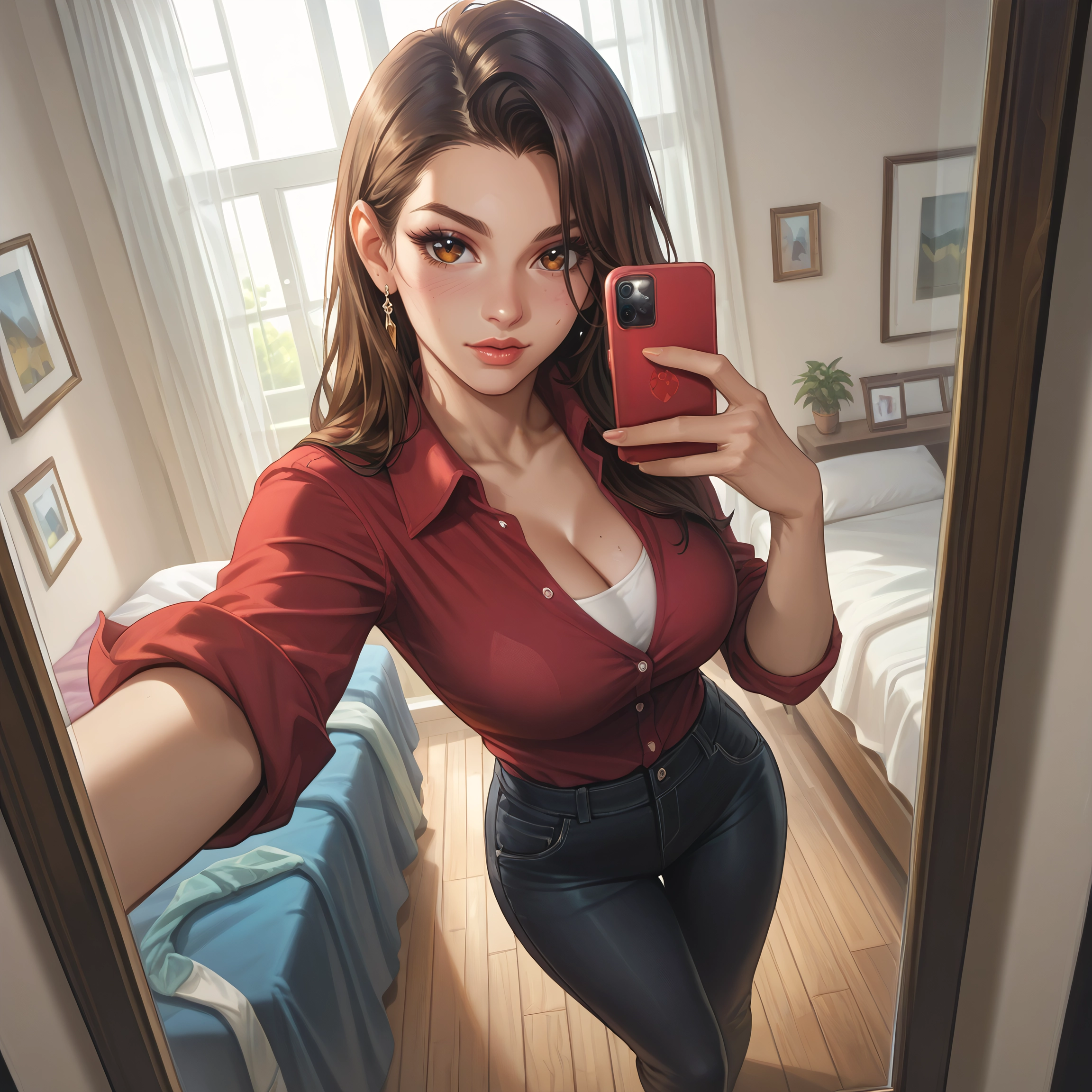 1girl, breasts, phone, cleavage, brown hair, pants · Yamete.gg