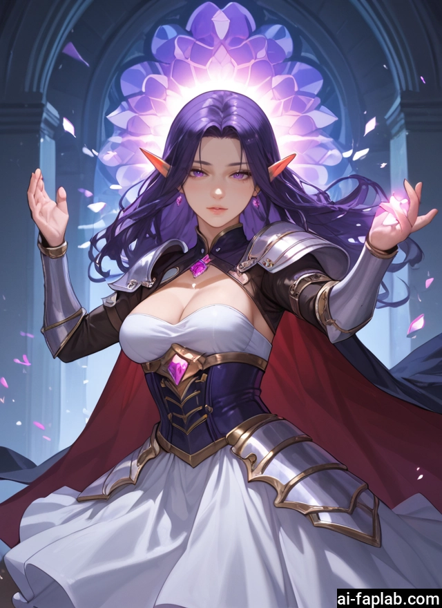 1girl, breasts, pointy ears, jewelry, purple hair, earrings · Yamete.gg