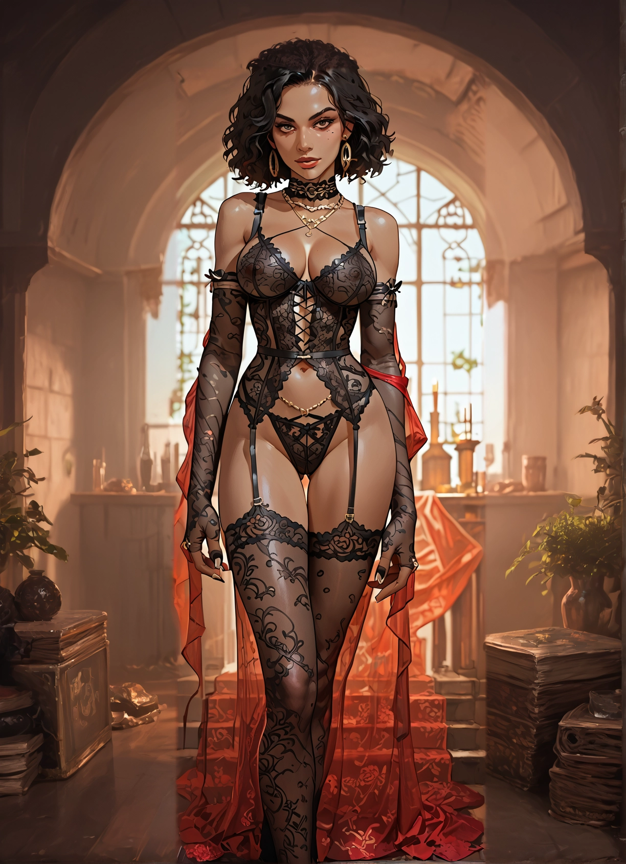 1girl, solo, jewelry, boots, earrings, black hair · Yamete.gg