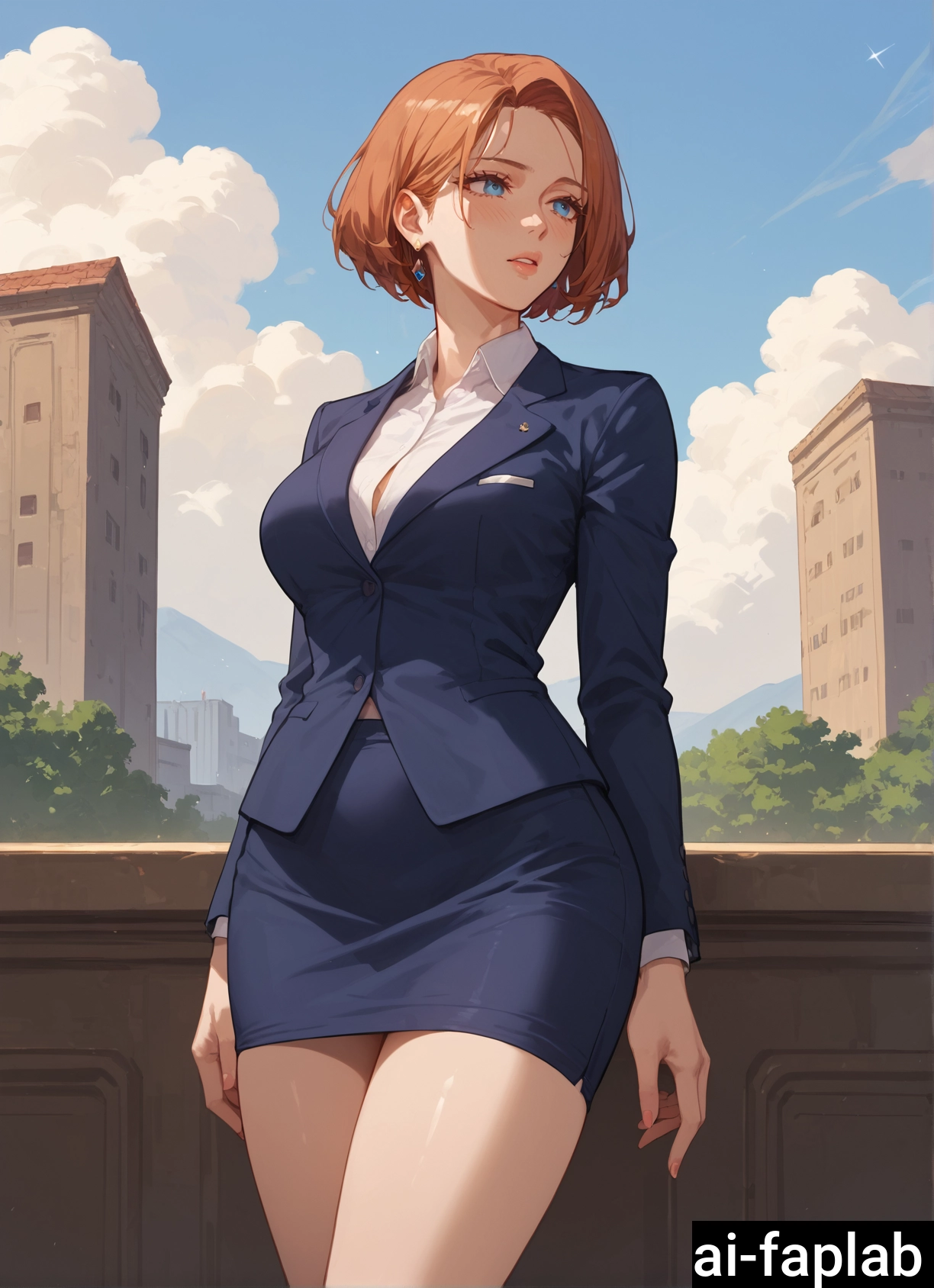 1girl, skirt, blue eyes, solo, short hair, breasts