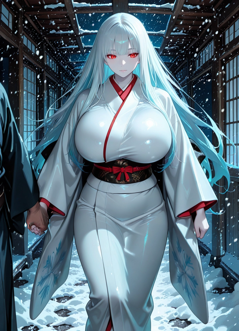 1girl, japanese clothes, breasts, kimono, snow, red eyes