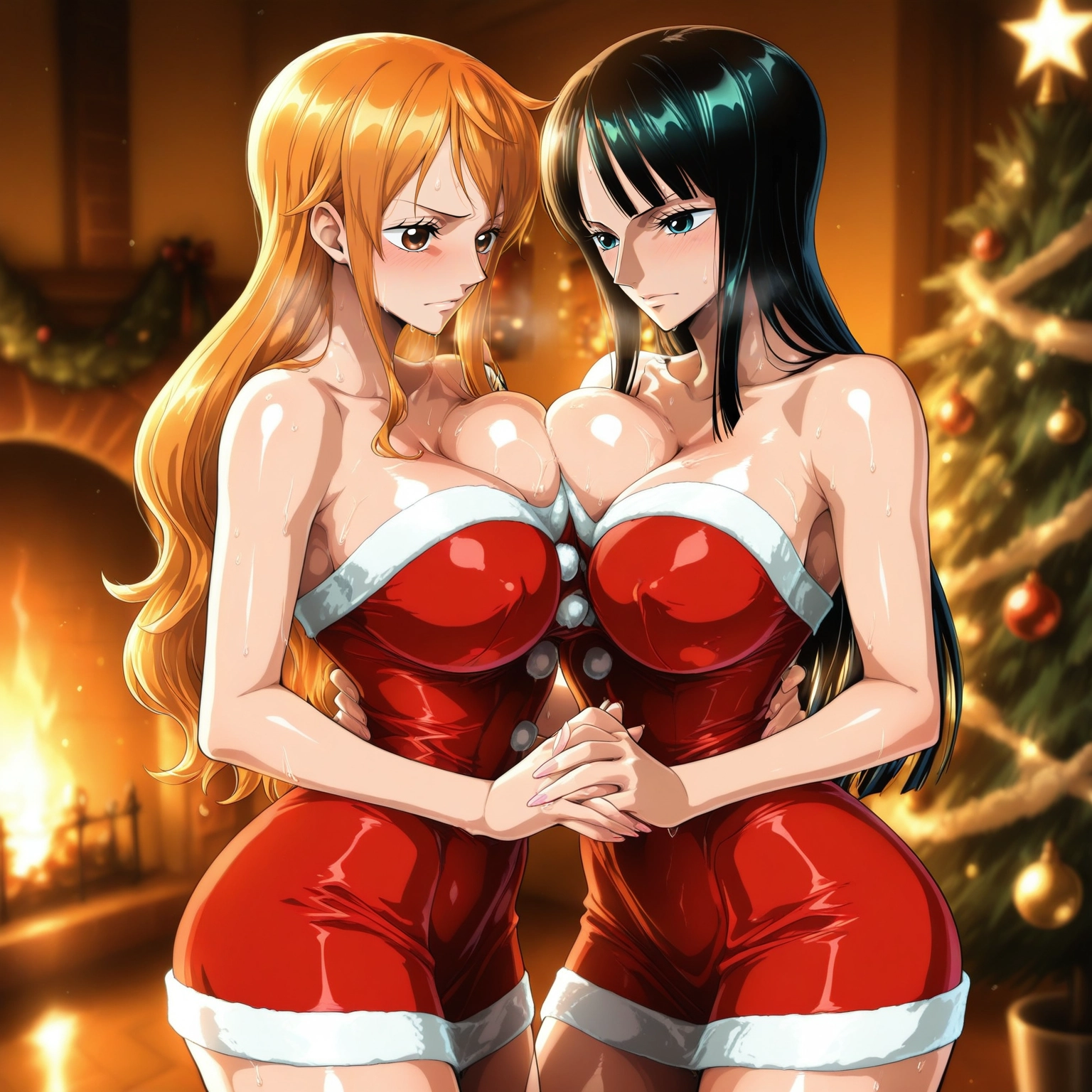 breasts, multiple girls, 2girls, long hair, breast press, christmas tree · Yamete.gg