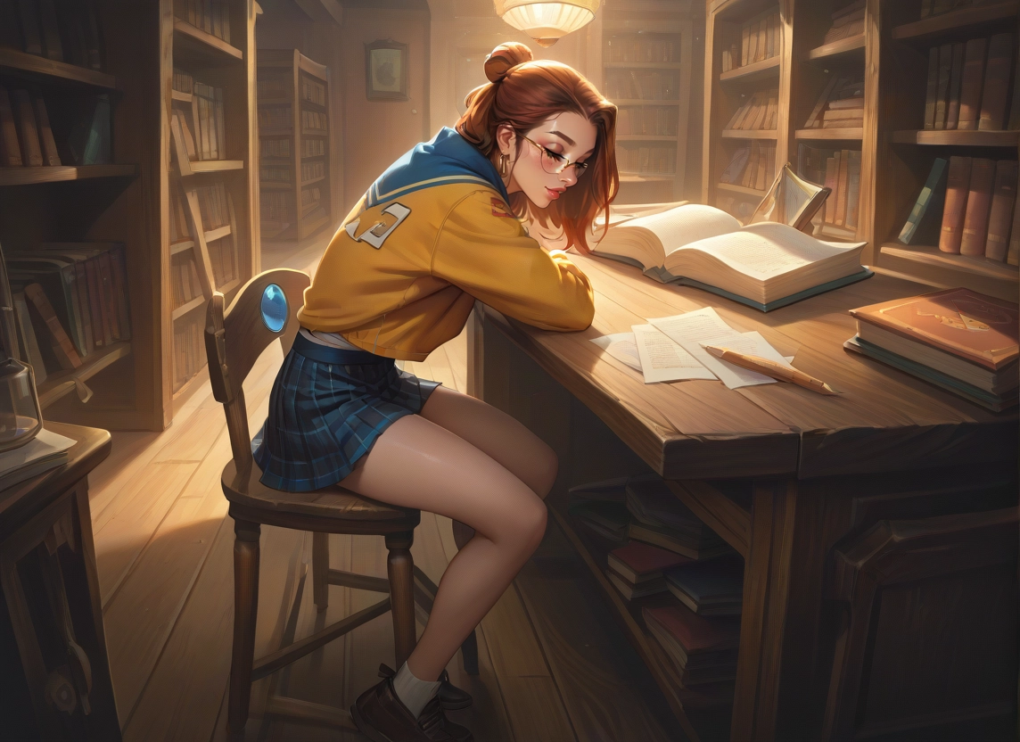 1girl, skirt, book, glasses, solo, brown hair · Yamete.gg