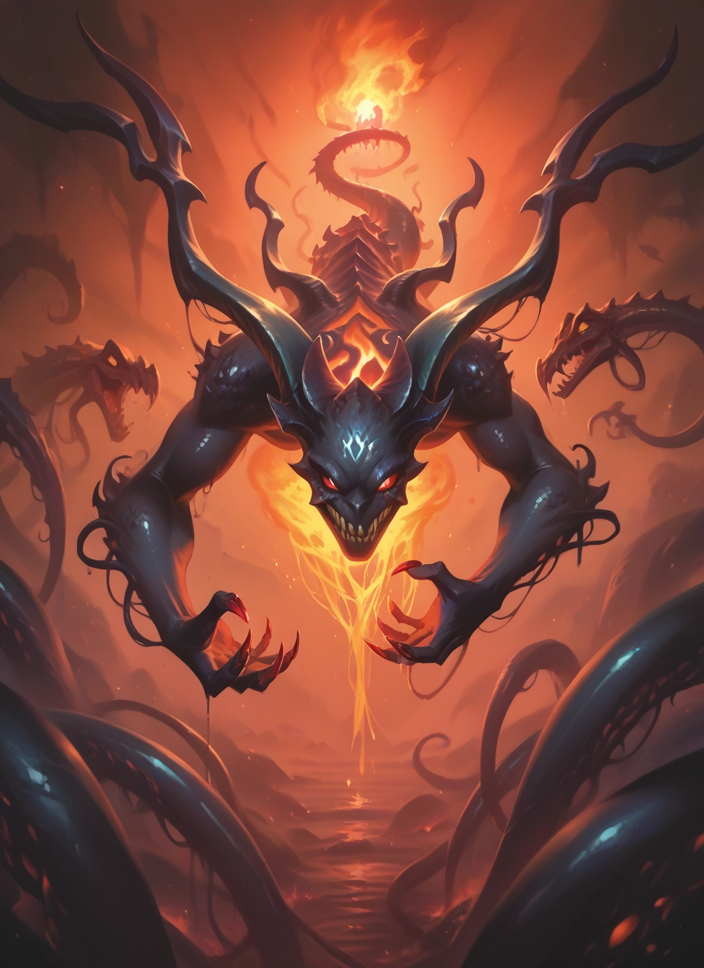 fire, tentacles, red eyes, teeth, no humans, horns · Yamete.gg