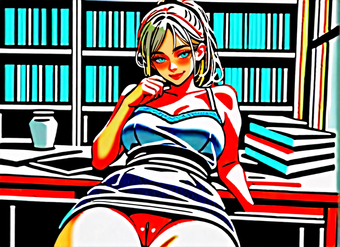 1girl, breasts, solo, pussy, blue eyes, bookshelf · Yamete.gg