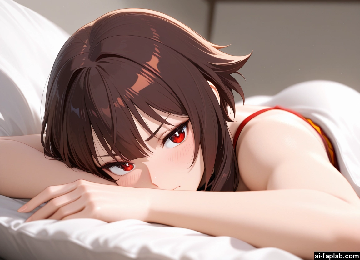 1girl, red eyes, solo, brown hair, looking at viewer, lying