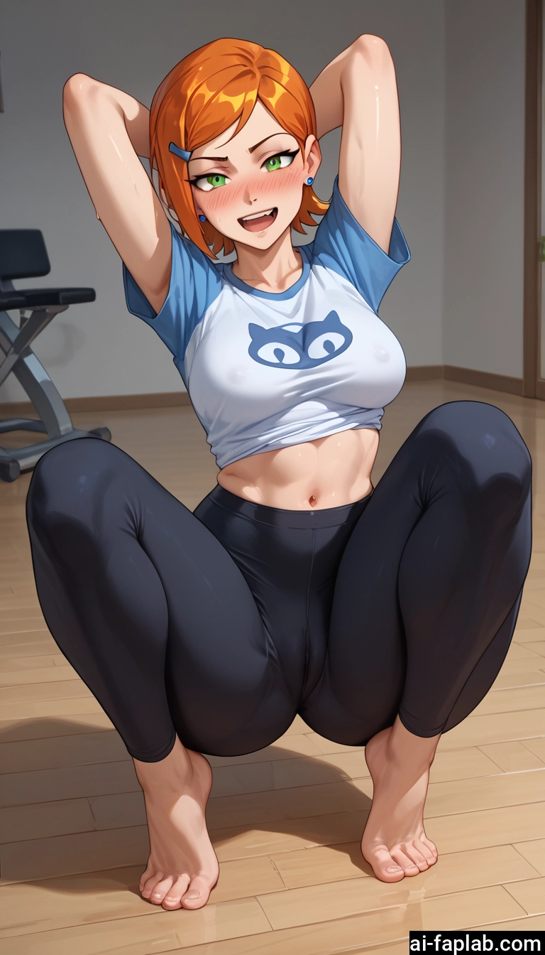 1girl, breasts, green eyes, barefoot, navel, blush · Yamete.gg