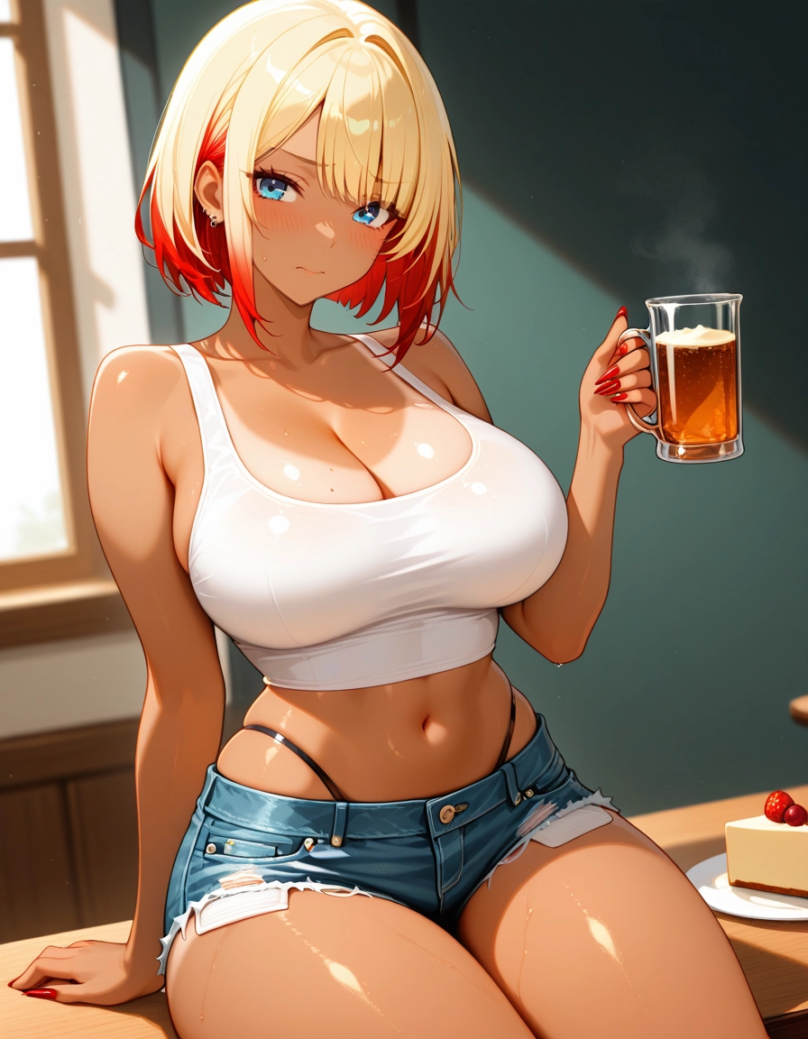 1girl, breasts, cup, solo, shorts, red nails · Yamete.gg