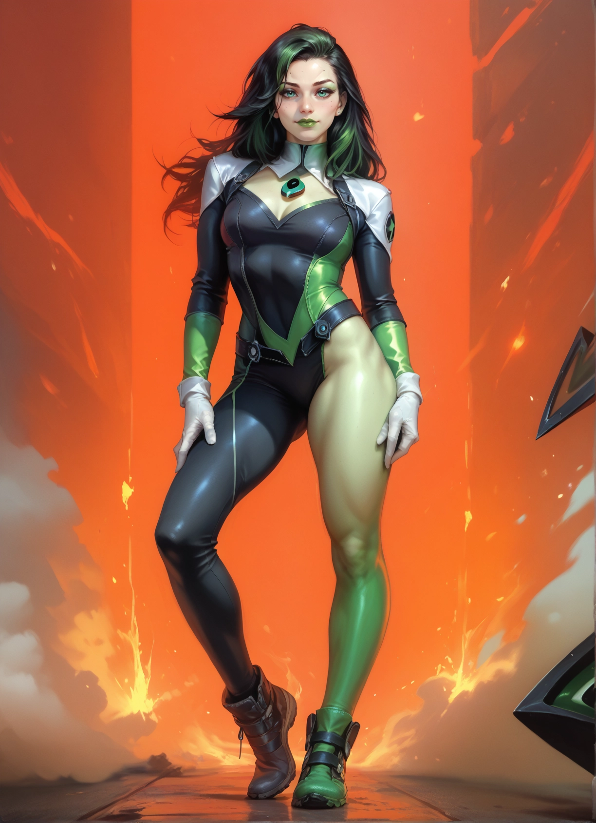 1girl, gloves, green hair, breasts, solo, makeup · Yamete.gg