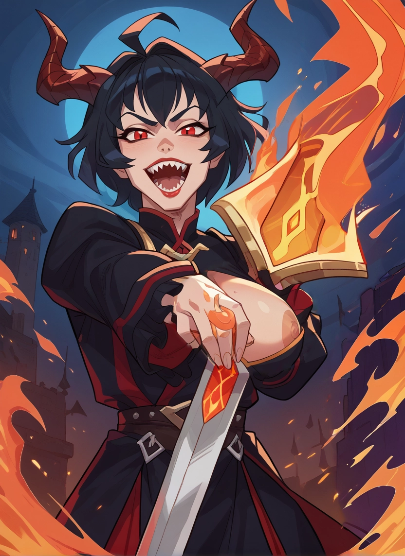 weapon, horns, sword, red eyes, teeth, solo · Yamete.gg