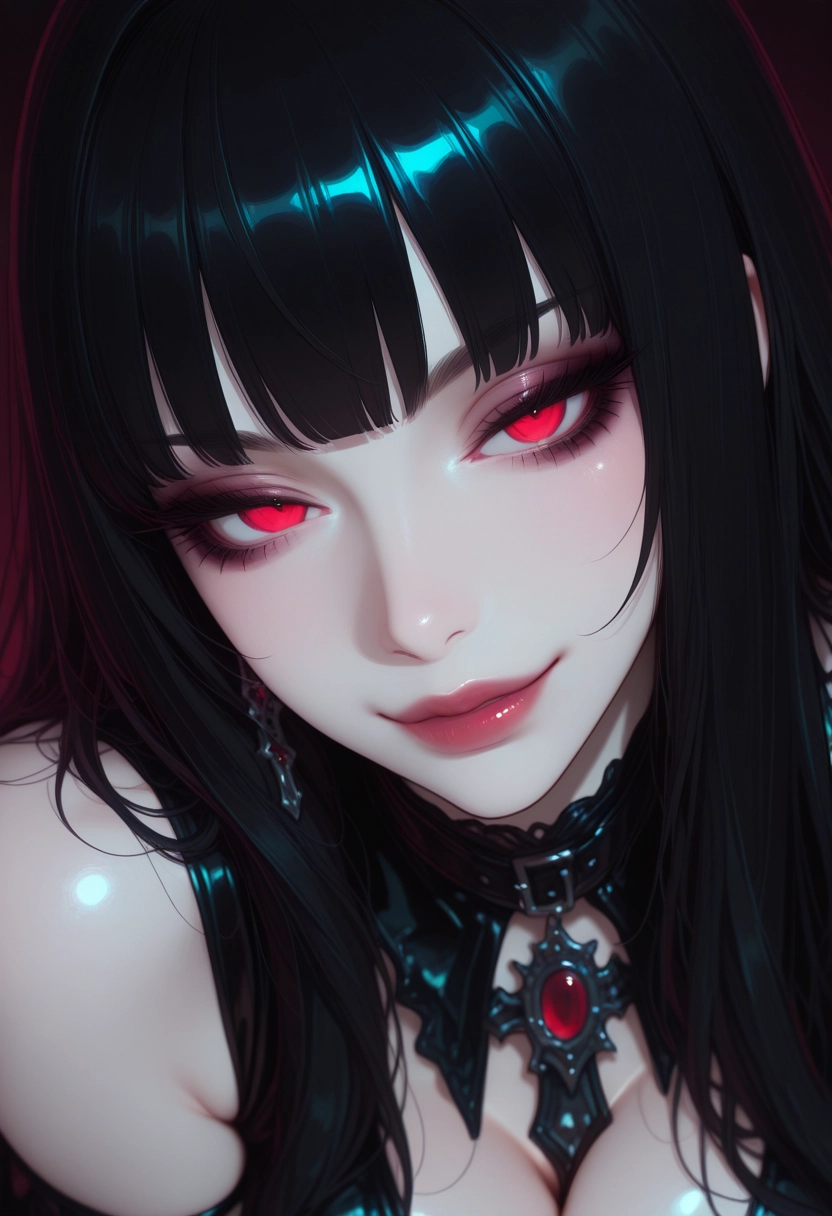 1girl, solo, red eyes, bangs, looking at viewer, black hair · Yamete.gg