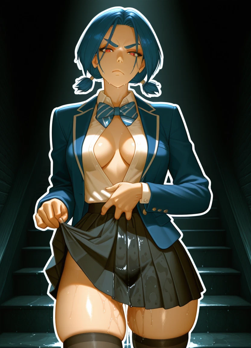 1girl, breasts, skirt, solo, thighhighs, red eyes