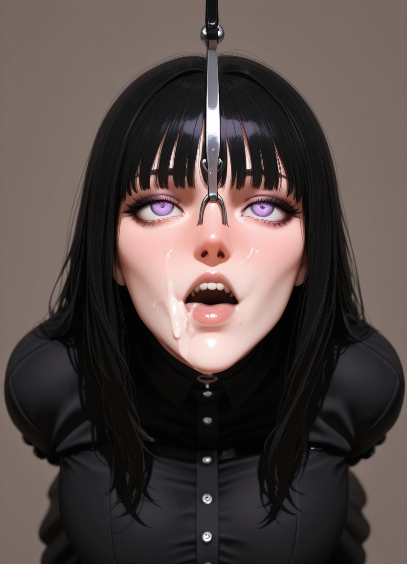 1girl, black hair, solo, cum, purple eyes, cum in mouth · Yamete.gg