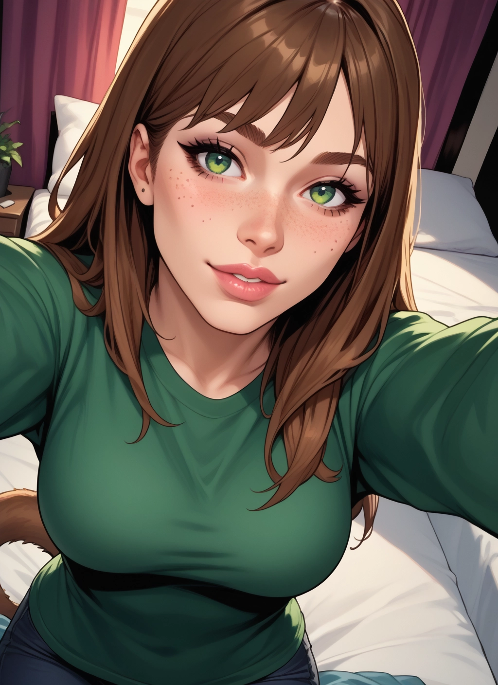 1girl, green eyes, brown hair, freckles, solo, looking at viewer · Yamete.gg