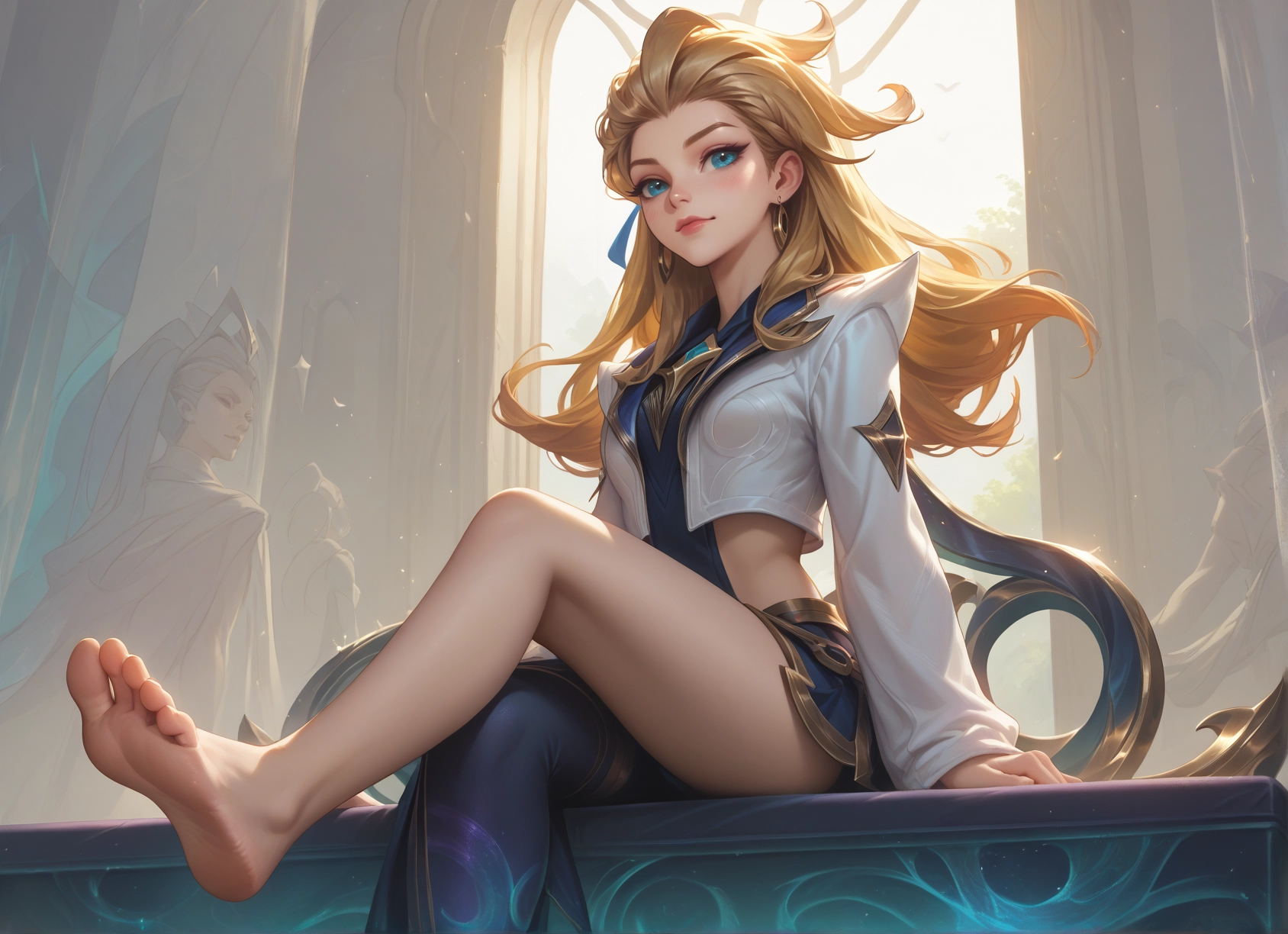 barefoot, feet, blonde hair, jewelry, blue eyes, earrings · Yamete.gg