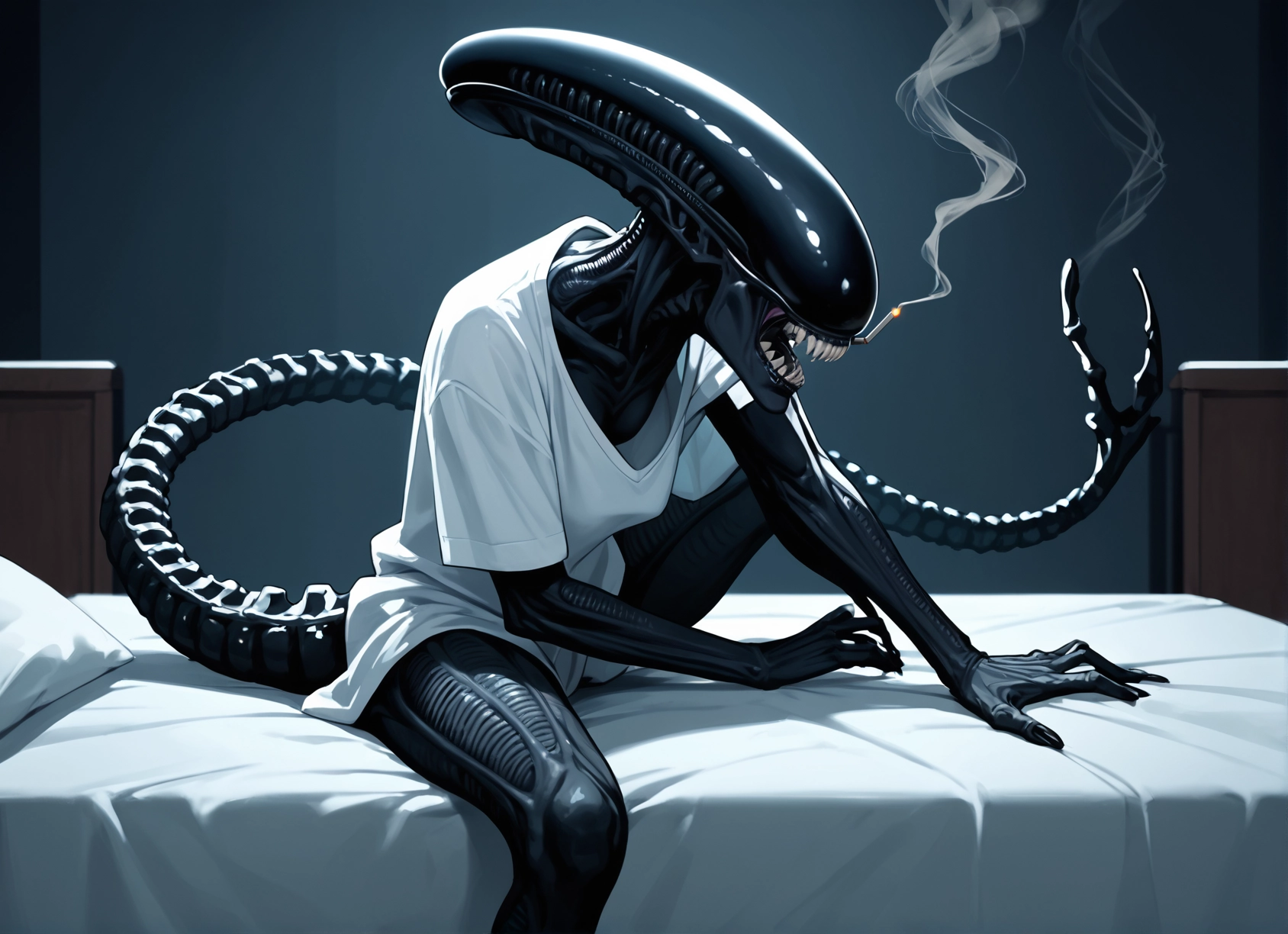 cigarette, shirt, smoking, tail, sitting, teeth