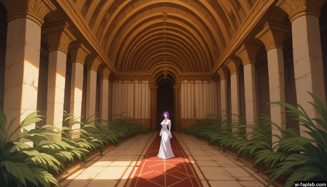 1girl, dress, solo, white dress, pillar, purple hair