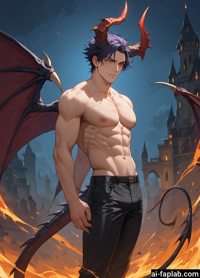 bara, 1boy, male focus, wings, horns, pectorals · Yamete.gg