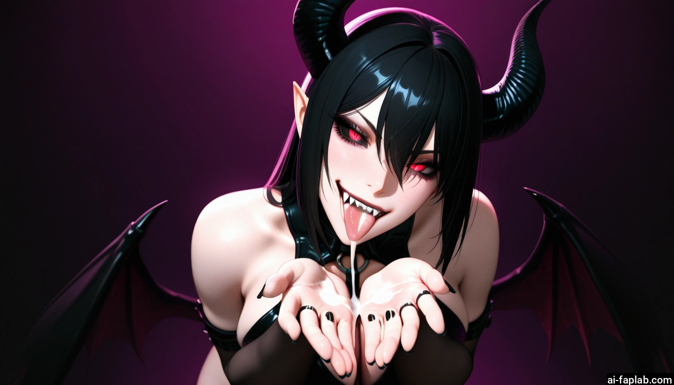 1girl, horns, wings, cum, tongue, black hair · Yamete.gg