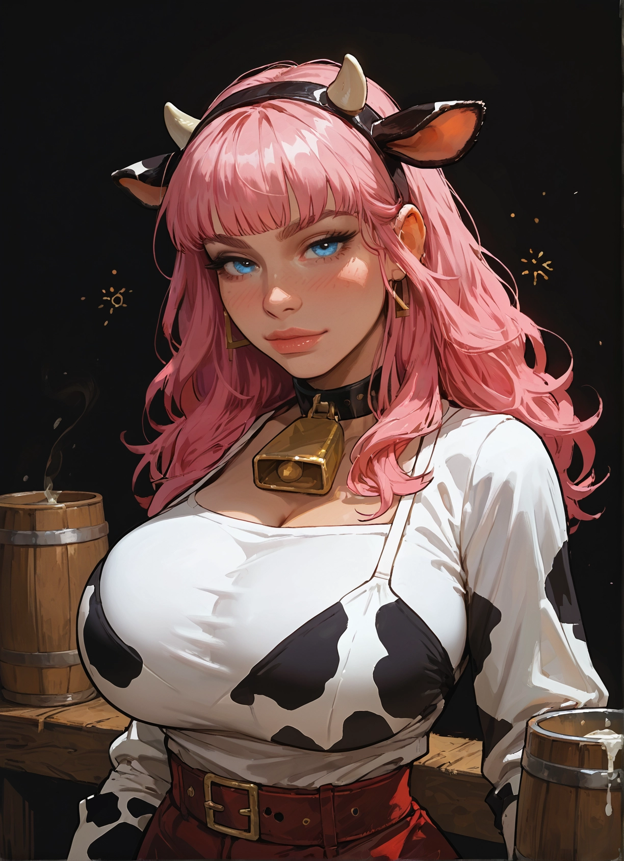 1girl, breasts, pink hair, animal print, animal ears, cow print · Yamete.gg