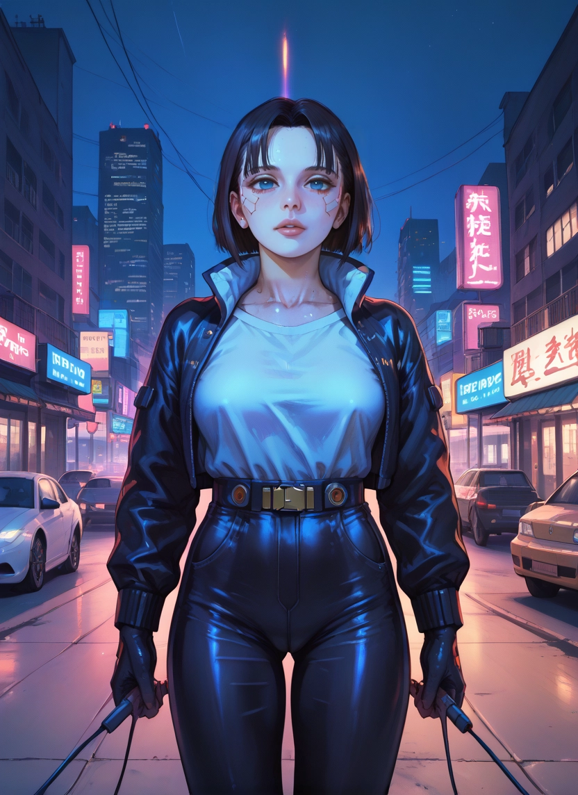 1girl, blue eyes, jacket, night, solo, motor vehicle · Yamete.gg