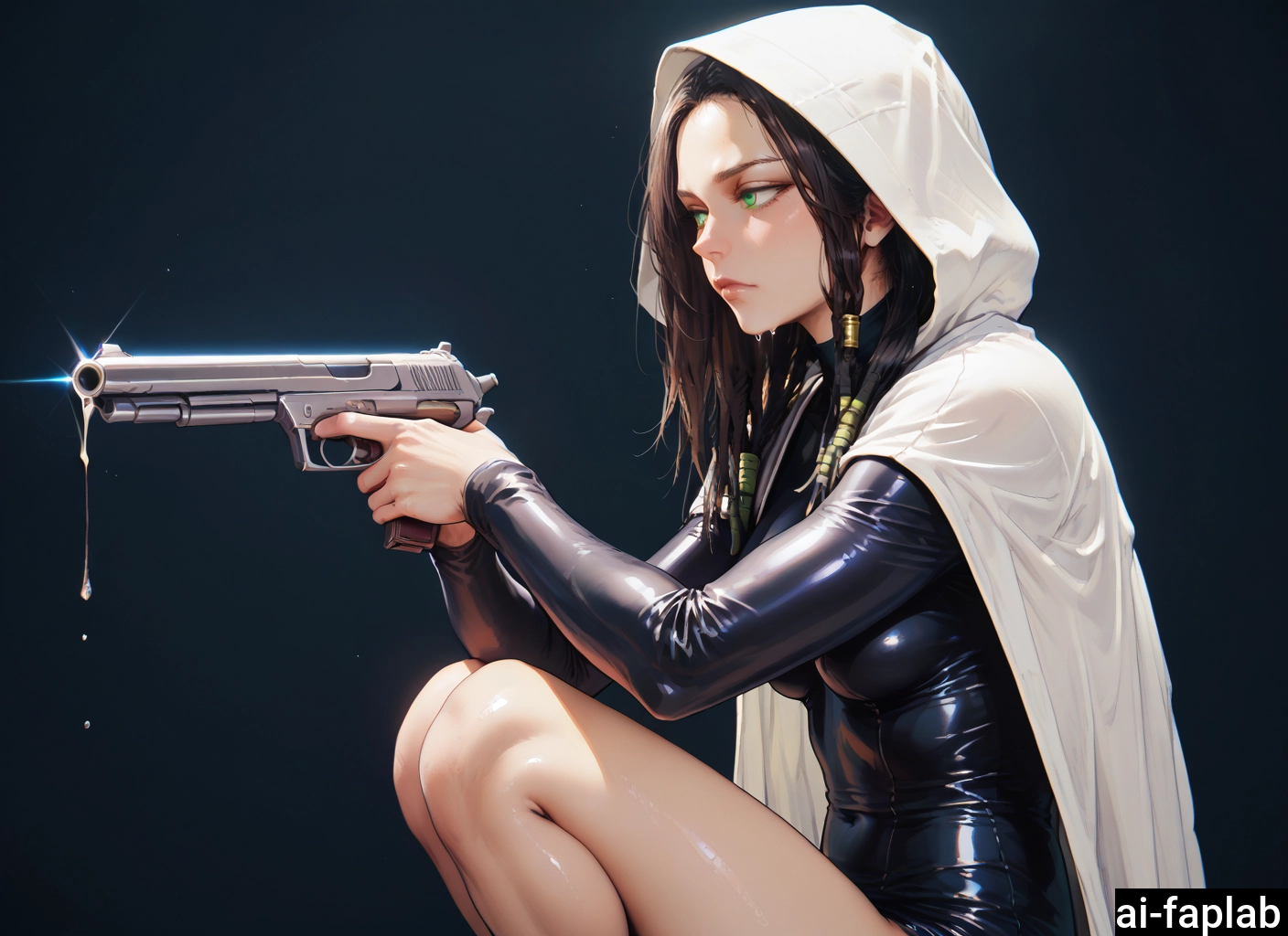 1girl, weapon, solo, green eyes, gun, shiny clothes · Yamete.gg