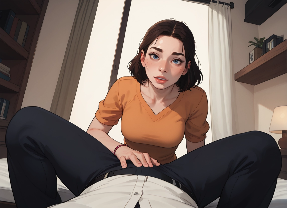 1girl, 1boy, blue eyes, breasts, indoors, pants