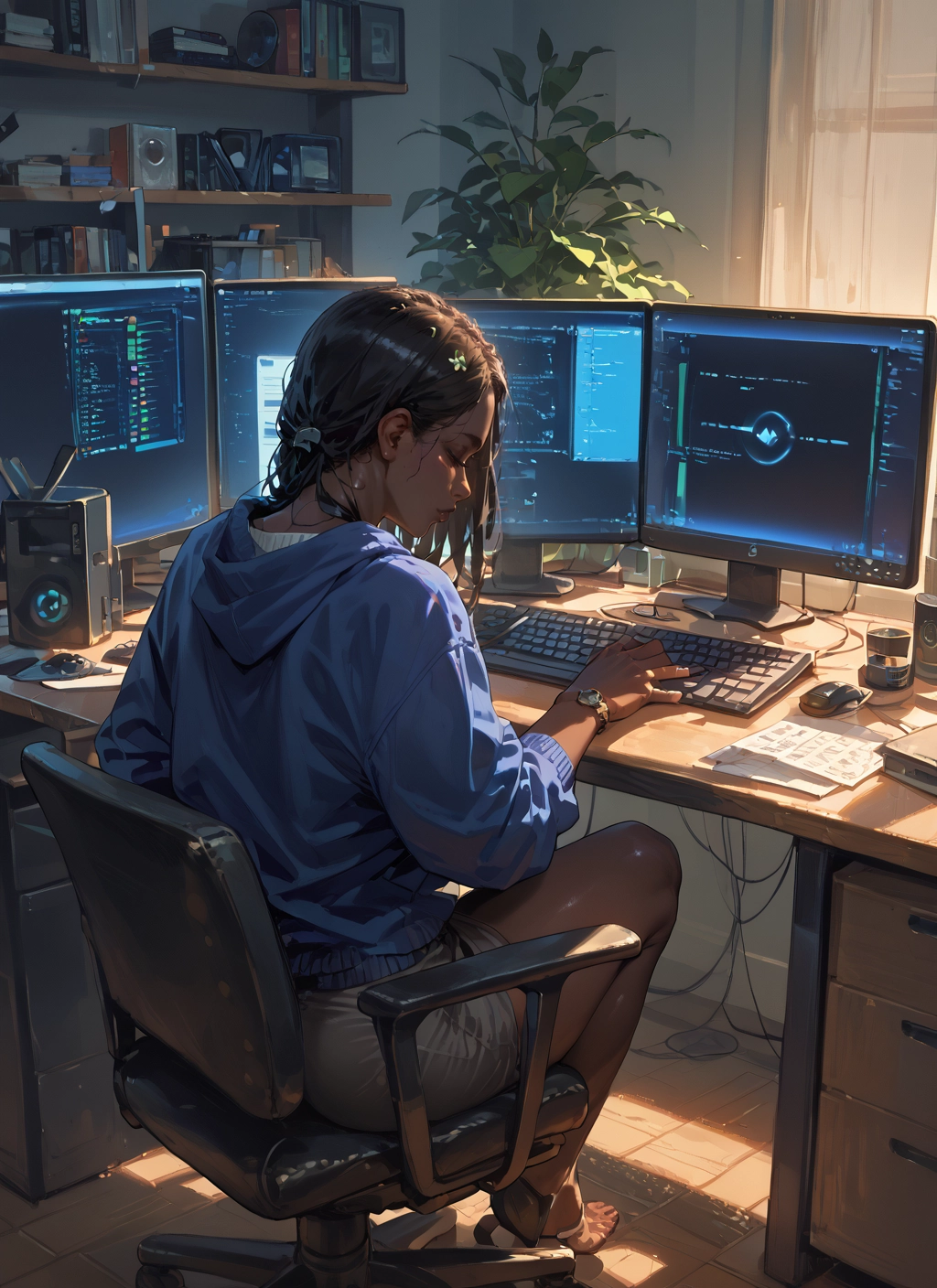 1girl, sitting, solo, plant, chair, watch · Yamete.gg