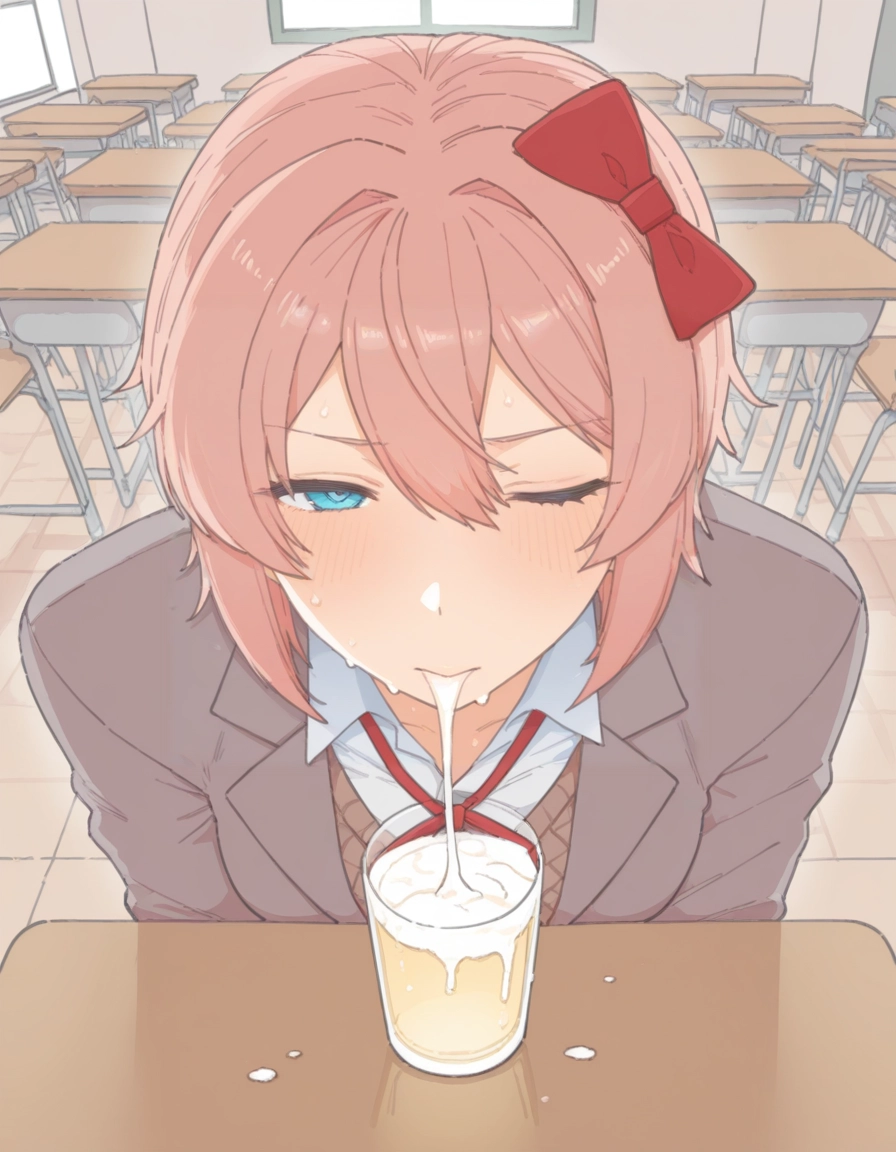 1girl, classroom, solo, pink hair, bow, school desk · Yamete.gg