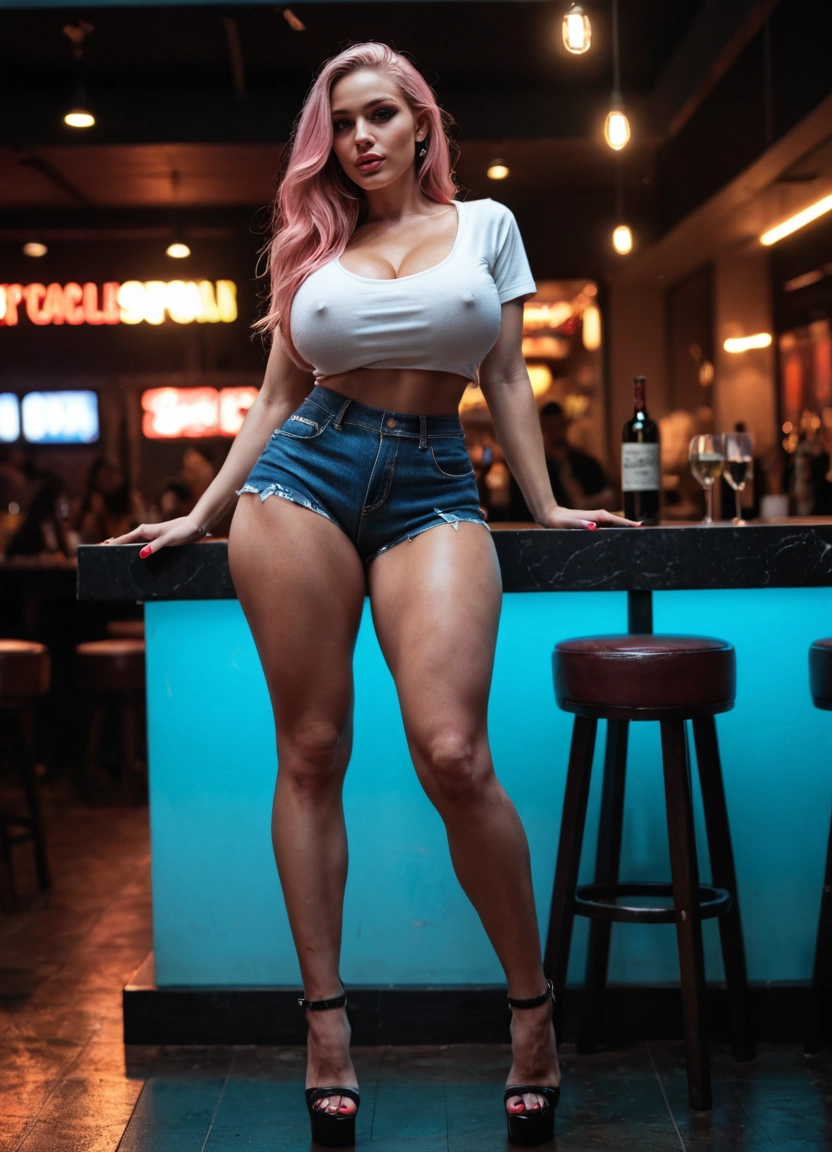 1girl, denim, denim shorts, breasts, bar (place), shorts · Yamete.gg