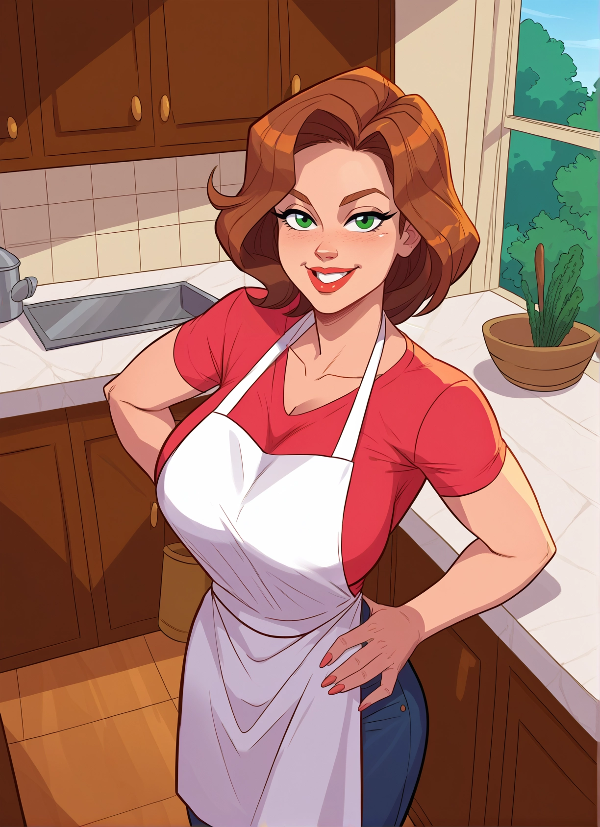 1girl, green eyes, apron, breasts, smile, solo