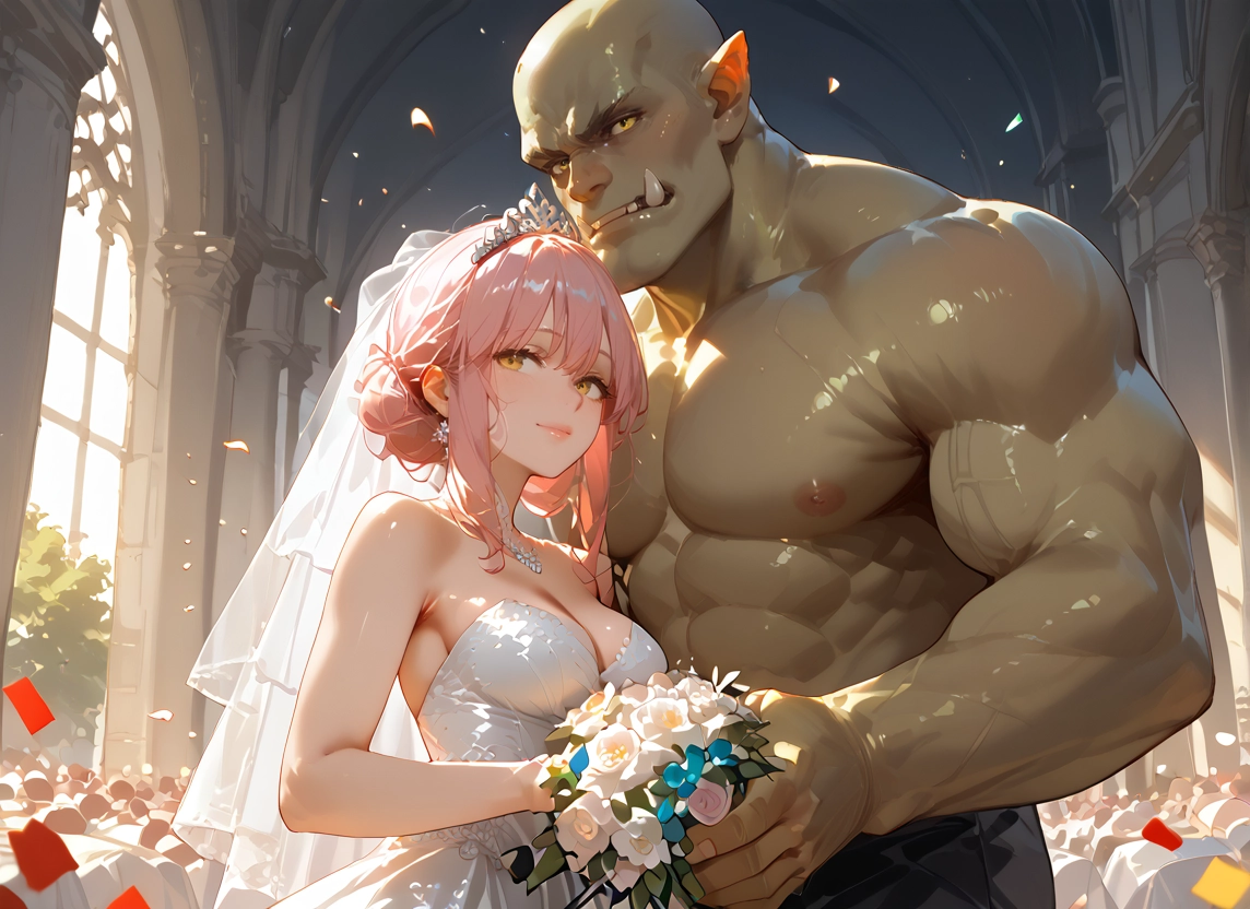 1girl, dress, 1boy, flower, breasts, wedding dress · Yamete.gg