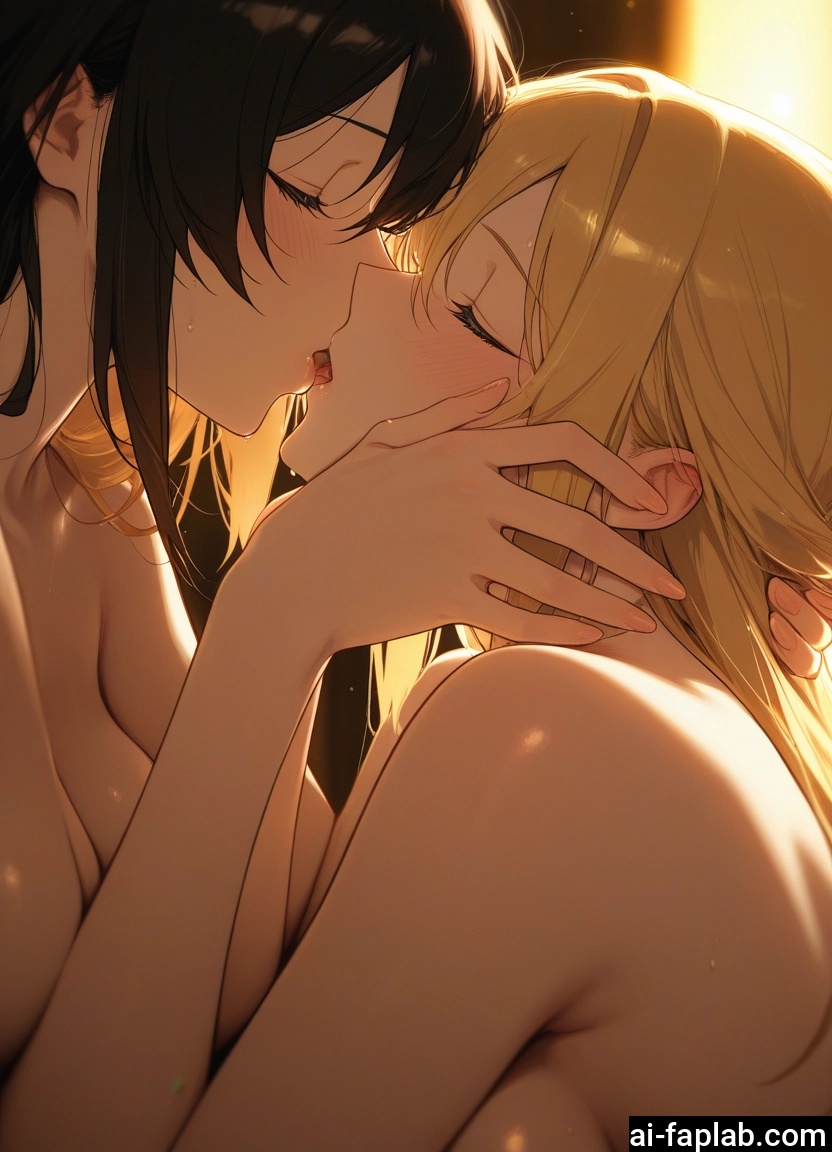 multiple girls, 2girls, yuri, blonde hair, closed eyes, kiss · Yamete.gg