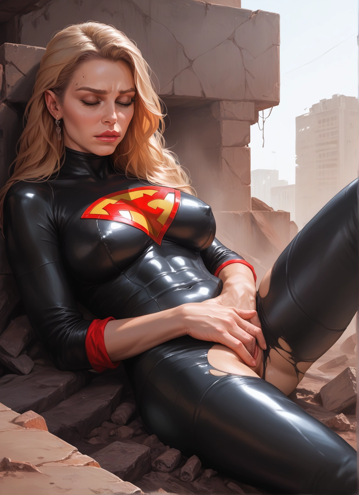 1girl, solo, blonde hair, breasts, bodysuit, torn clothes · Yamete.gg