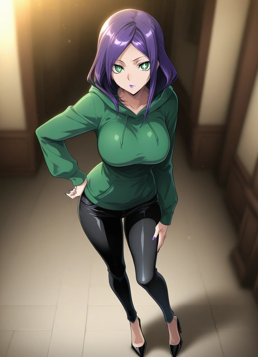 1girl, solo, purple hair, breasts, green eyes, hand on own hip
