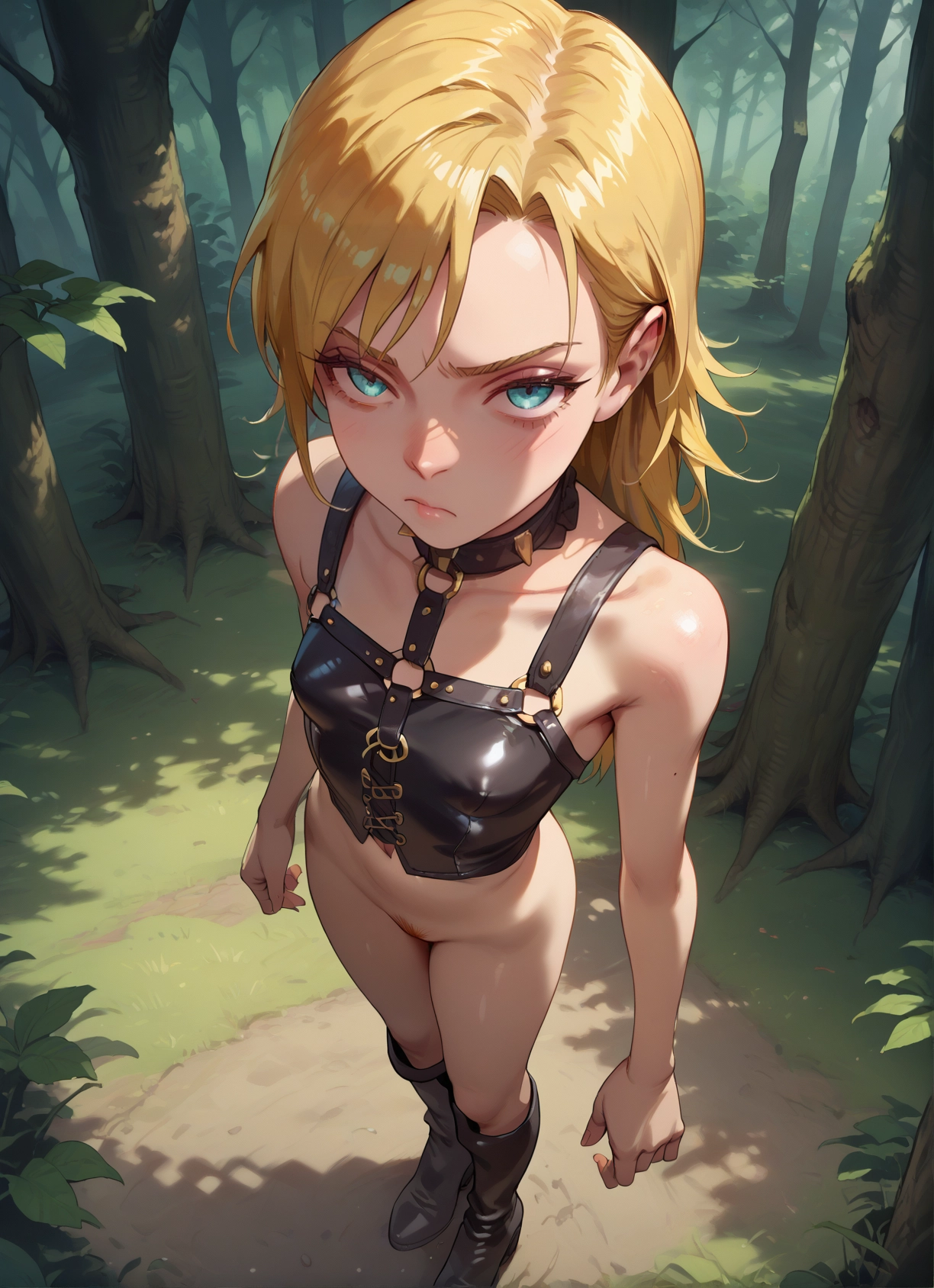 1girl, blonde hair, solo, looking at viewer, boots, forest · Yamete.gg