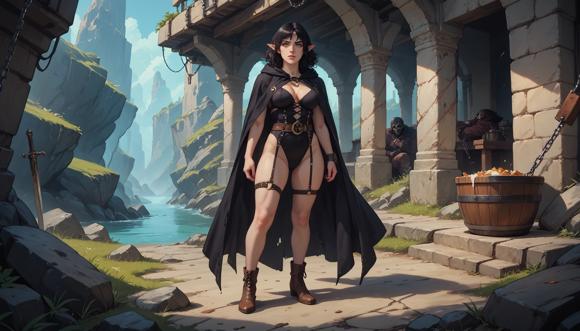 breasts, pointy ears, weapon, elf, leotard, sword · Yamete.gg